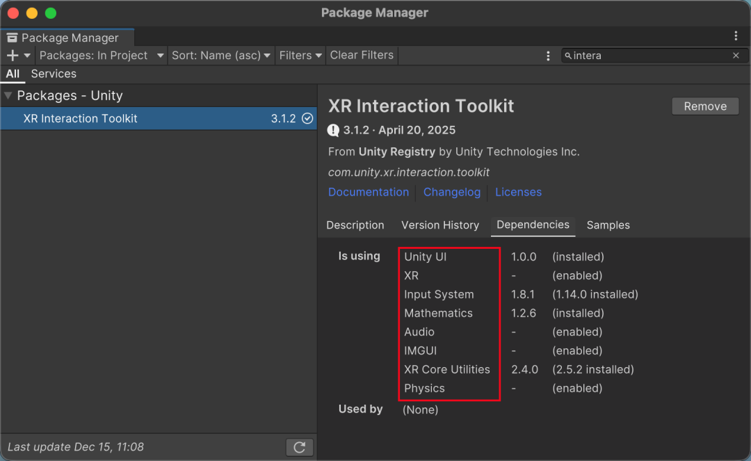 Package 详情页的 Dependencies 标签页，Is using 一栏列出 Unity UI、XR、Input System、XR Core Utilities 等依赖