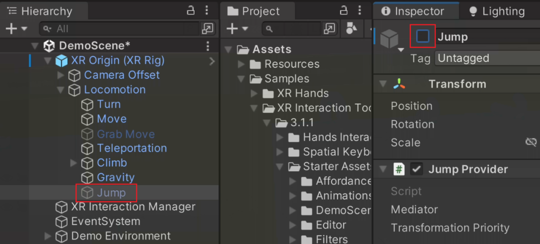 Hierarchy 中的 Jump 子物体,Inspector 里可以看到它挂的是 Jump Provider 组件