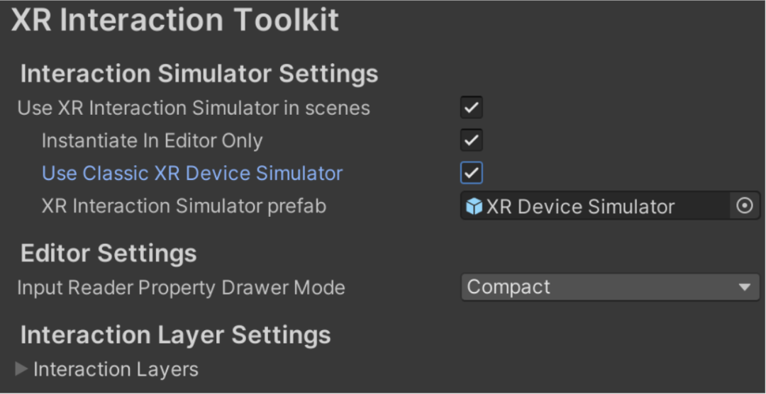 Project Settings 里的 XR Interaction Toolkit 面板，勾选 Use Classic XR Device Simulator 后，模拟器预制体会换回旧版的 XR Device Simulator