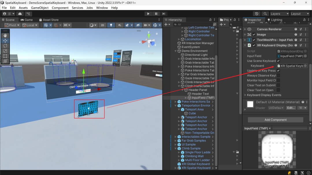 Inspector 里的 XR Keyboard Display 组件,勾选 Use Scene Keyboard 后,Keyboard 参数指向场景中的 XRI Spatial Keyboard